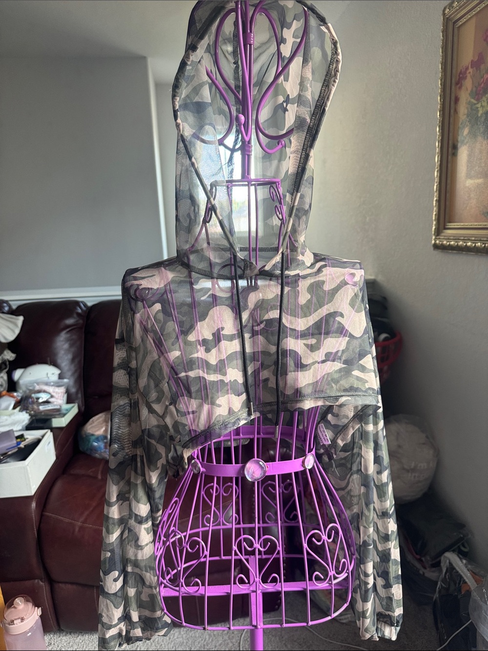 SHEIN Pink & Green Camo Hooded Mesh Shrug